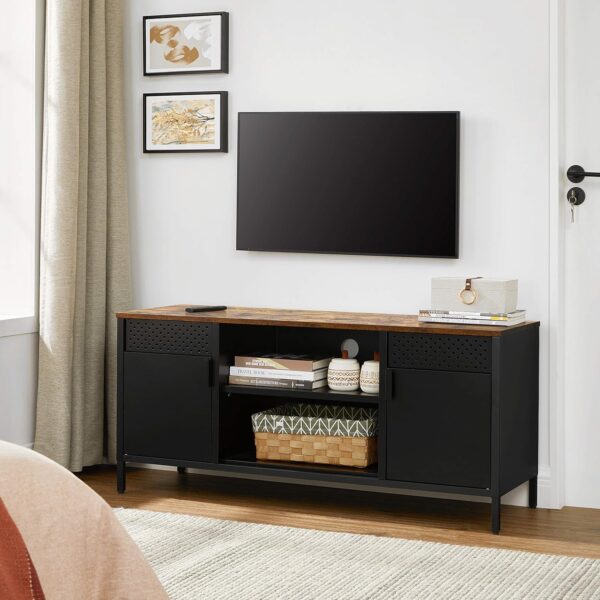 SONGMICS Comoda TV 120x40x55 cm, 3 rafturi reglabile, 2 usi, stil vintage, PAL si otel, maro-negru mat - imagine 10
