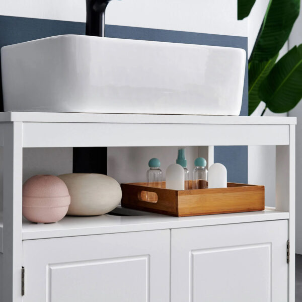 VASAGLE Dulap baie 60x30x60 cm, 2 usi, compartiment deschis, stil scandinav, alb mat - imagine 7
