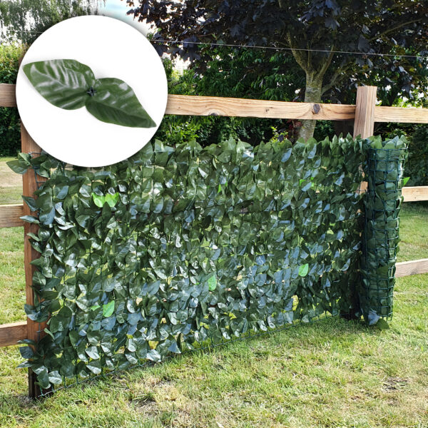 Gard artificial decorativ 50x500 cm, frunze ornamentale, protectie UV si intemperii, plastic PVC, verde inchis