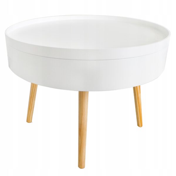 Masuta de cafea rotunda 60x40 cm, cu blat detasabil si spatiu depozitare, picioare din lemn de pin, alba - imagine 13