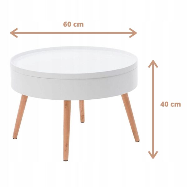 Masuta de cafea rotunda 60x40 cm, cu blat detasabil si spatiu depozitare, picioare din lemn de pin, alba - imagine 14