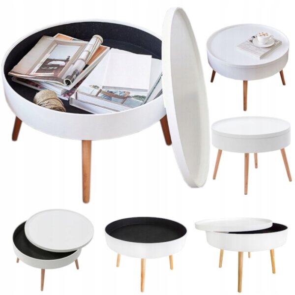 Masuta de cafea rotunda 60x40 cm, cu blat detasabil si spatiu depozitare, picioare din lemn de pin, alba - imagine 15