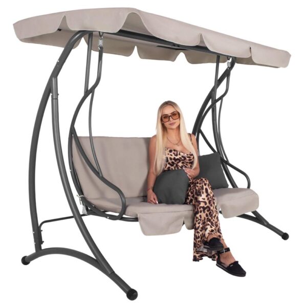 Leagan de gradina 190x115x176 cm, pentru 3 persoane, copertina reglabila, perne incluse, cadru otel si material impermeabil, bej - imagine 17