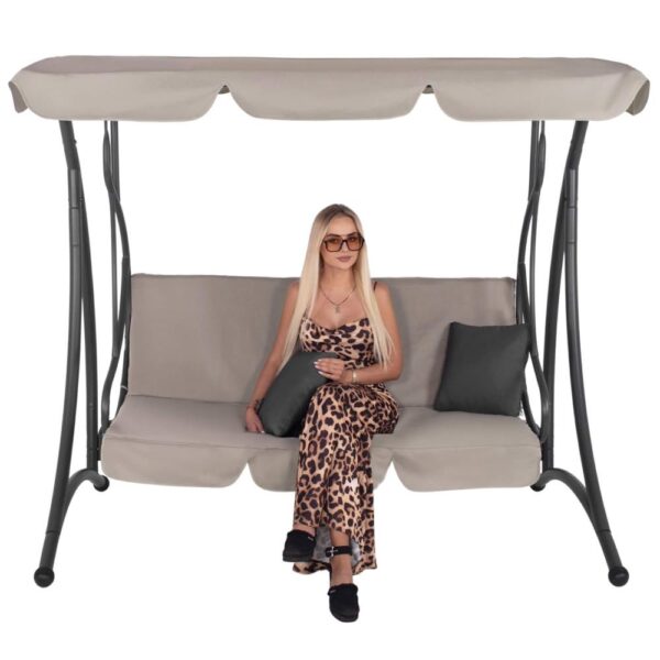 Leagan de gradina 190x115x176 cm, pentru 3 persoane, copertina reglabila, perne incluse, cadru otel si material impermeabil, bej - imagine 18