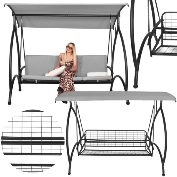 Balansoar gradina 230x136x190 cm, 2 in 1 leagan si pat, copertina reglabila, saltea si perne incluse, cadru otel, gri si ecru - imagine 19