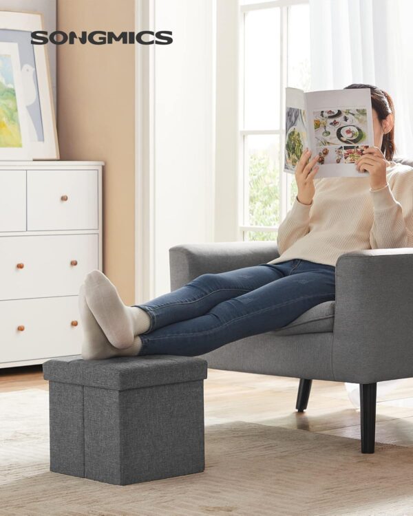 SONGMICS Taburet pliabil 30x30x30 cm, cu spatiu de depozitare, capac tapitat, MDF si imitatie in, gri - imagine 2