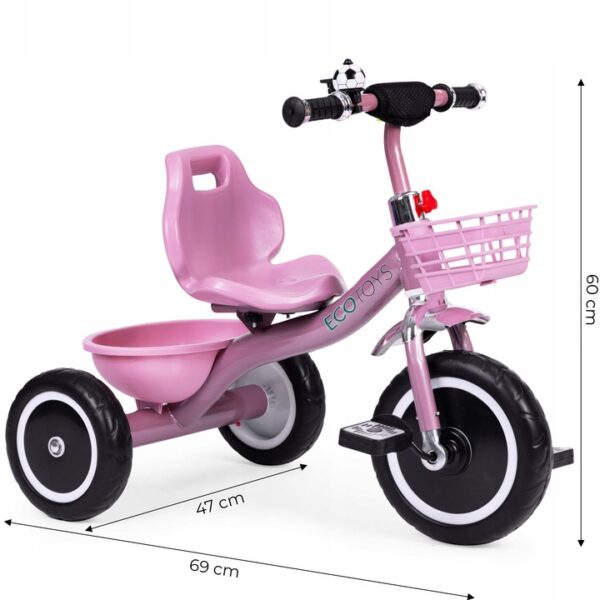 Tricicleta pentru copii 47 cm latime axa spate, cu cosuri si claxon, cadru otel, roti EVA, roz - imagine 3