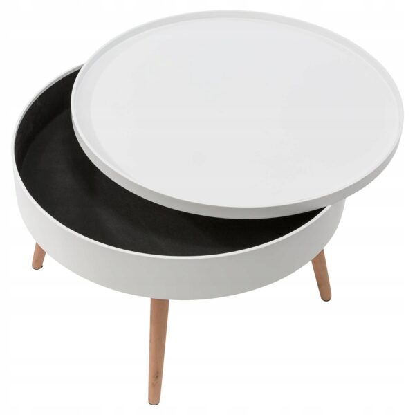 Masuta de cafea rotunda 60x40 cm, cu blat detasabil si spatiu depozitare, picioare din lemn de pin, alba - imagine 3