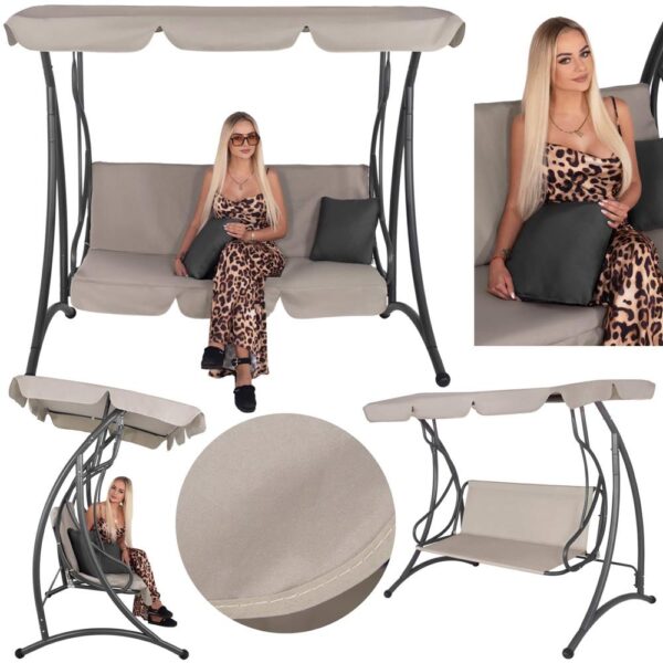 Leagan de gradina 190x115x176 cm, pentru 3 persoane, copertina reglabila, perne incluse, cadru otel si material impermeabil, bej - imagine 3