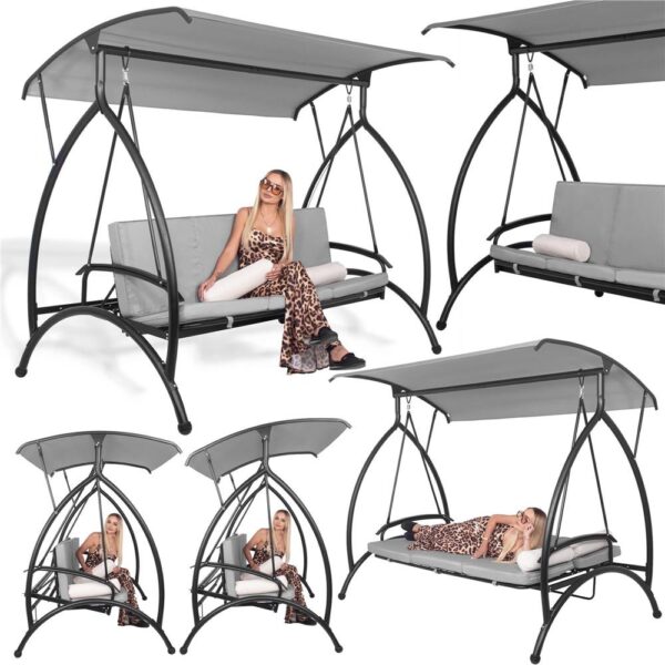 Balansoar gradina 230x136x190 cm, 2 in 1 leagan si pat, copertina reglabila, saltea si perne incluse, cadru otel, gri si ecru - imagine 3