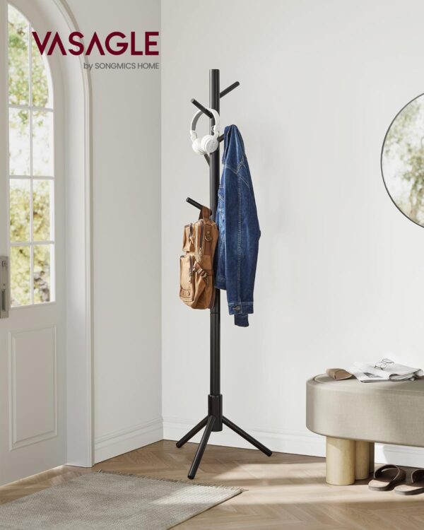 VASAGLE Cuier lemn masiv 47x47x175 cm, 8 carlige si inaltime reglabila, baza triunghiulara, negru - imagine 2