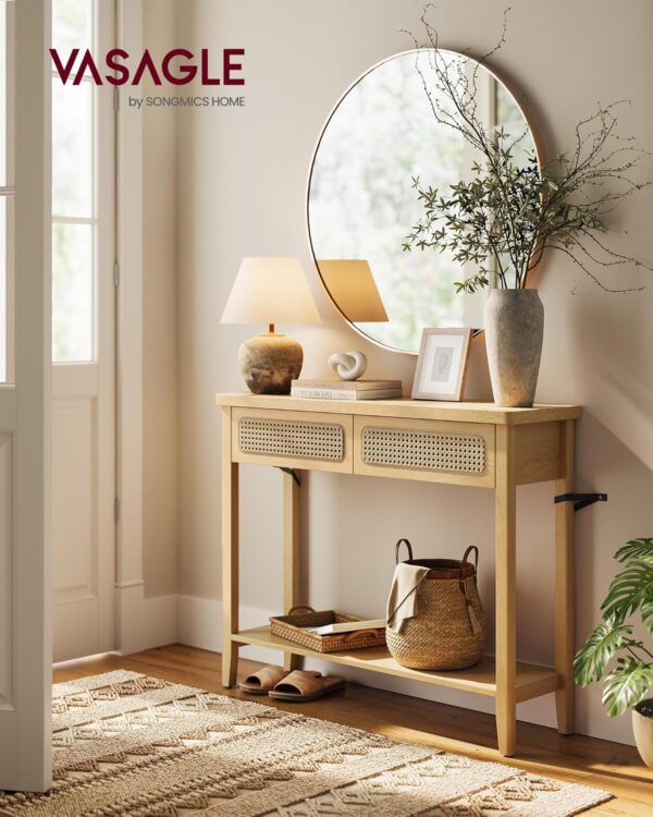 VASAGLE Consola hol 100x30x80 cm, 2 sertare, raft deschis, colturi rotunjite, stil boho, MDF si ratan PVC, bej stejar - imagine 2