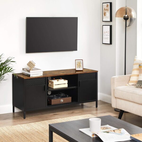 SONGMICS Comoda TV 120x40x55 cm, 3 rafturi reglabile, 2 usi, stil vintage, PAL si otel, maro-negru mat - imagine 2