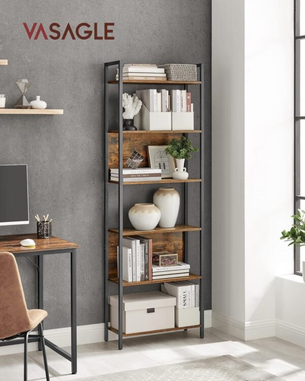 VASAGLE Biblioteca 60x24x186 cm, 6 rafturi, stil industrial, PAL si otel, maro rustic-negru - imagine 2
