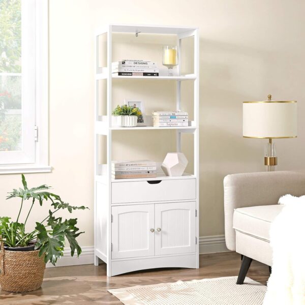 VASAGLE Dulap inalt baie cu 3 rafturi, 1 sertar si 1 dulap, din MDF, 60x33x154 cm, alb - imagine 2