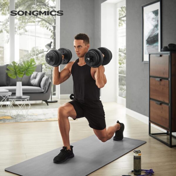 SONGMICS set gantere reglabile 2 in 1, 20 kg, cu bara extensie pentru haltera, discuri cu umplutura beton, negru - imagine 2