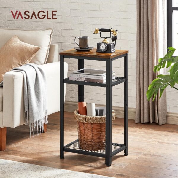 VASAGLE Masuta laterala 40x30x75 cm, cu 2 rafturi grilaj si blat, otel si PAL, maro rustic si negru - imagine 2