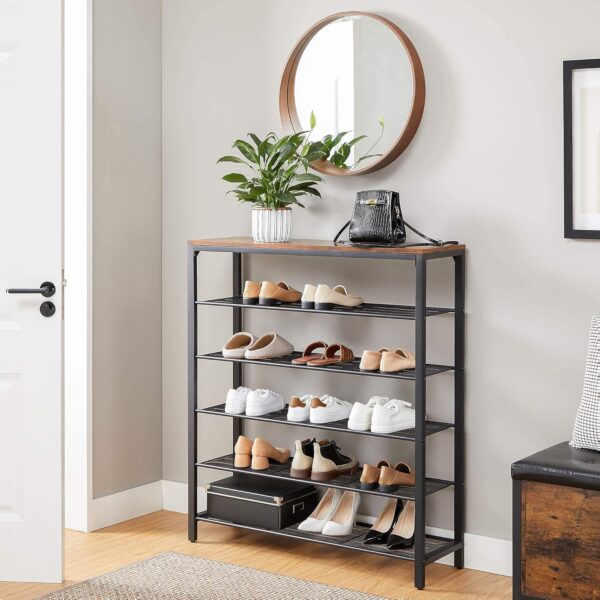 VASAGLE Etajera pantofi cu 5 rafturi si polita superioara, 100x30x110 cm, maro rustic - imagine 2