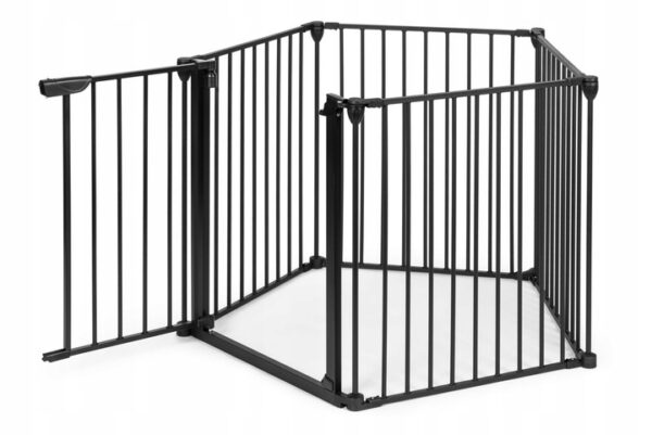 Bariera de siguranta pliabila 300x74 cm, 5 panouri si poarta cu blocare automata, metal si plastic, neagra - imagine 4