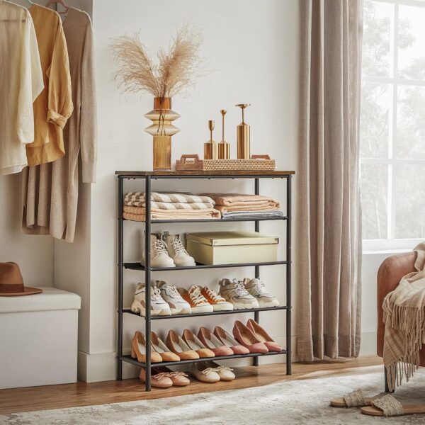 VASAGLE Suport pantofi 75x30x91 cm, 5 niveluri, rafturi textile si blat PAL, cadru metalic, maro rustic si negru - imagine 2
