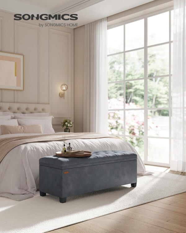 SONGMICS Banca cu spatiu de depozitare 110x40x40 cm, 103 litri, tapitata cu catifea, MDF si spuma, gri - imagine 2