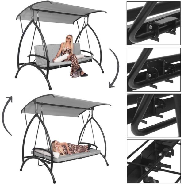 Balansoar gradina 230x136x190 cm, 2 in 1 leagan si pat, copertina reglabila, saltea si perne incluse, cadru otel, gri si ecru - imagine 20