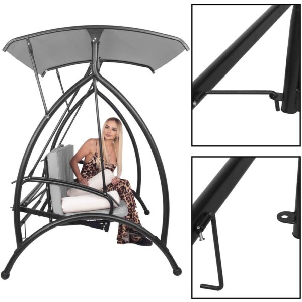 Balansoar gradina 230x136x190 cm, 2 in 1 leagan si pat, copertina reglabila, saltea si perne incluse, cadru otel, gri si ecru - imagine 22