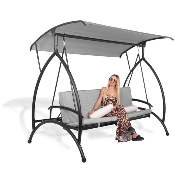 Balansoar gradina 230x136x190 cm, 2 in 1 leagan si pat, copertina reglabila, saltea si perne incluse, cadru otel, gri si ecru - imagine 23