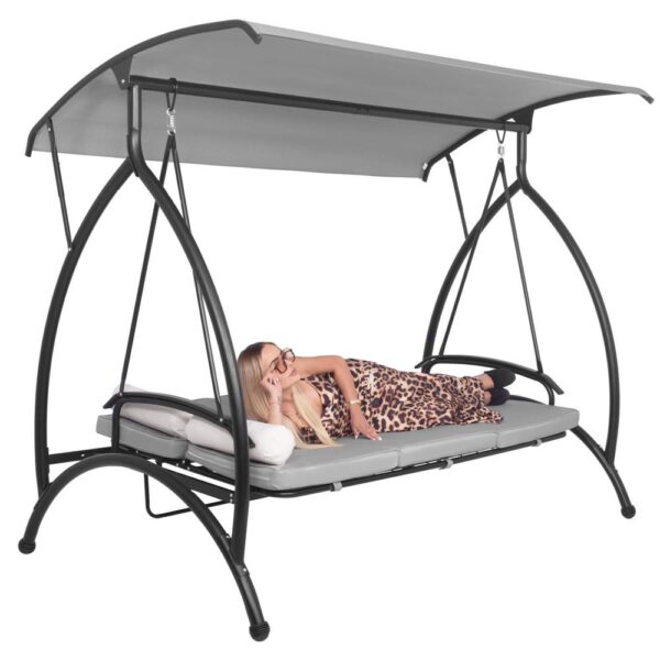 Balansoar gradina 230x136x190 cm, 2 in 1 leagan si pat, copertina reglabila, saltea si perne incluse, cadru otel, gri si ecru - imagine 24