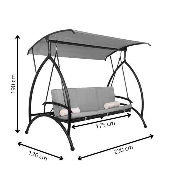 Balansoar gradina 230x136x190 cm, 2 in 1 leagan si pat, copertina reglabila, saltea si perne incluse, cadru otel, gri si ecru - imagine 25