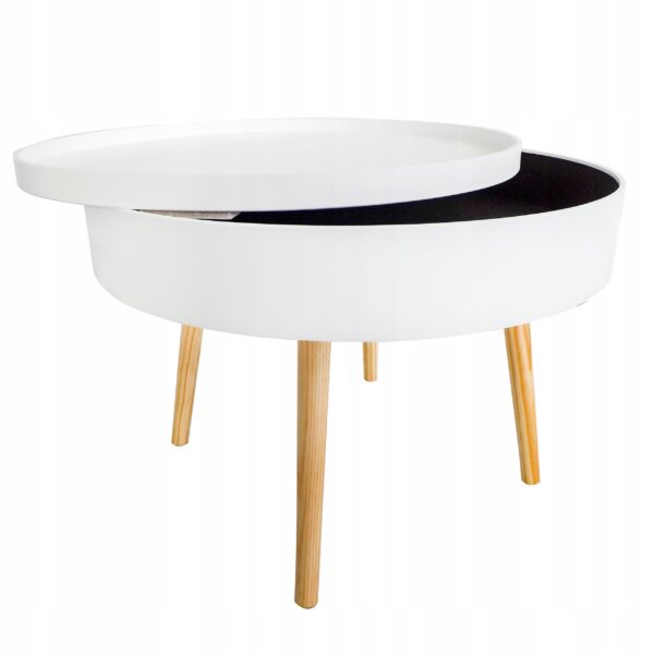 Masuta de cafea rotunda 60x40 cm, cu blat detasabil si spatiu depozitare, picioare din lemn de pin, alba - imagine 4