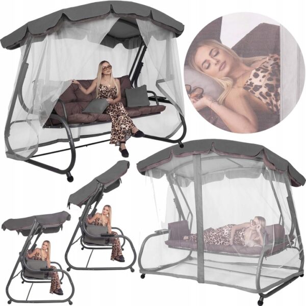 Balansoar gradina 226x126x192 cm, 3 in 1 leagan, pat si relaxare, cu plasa anti-insecte, copertina reglabila, saltea si perne incluse, gri si maro - imagine 3