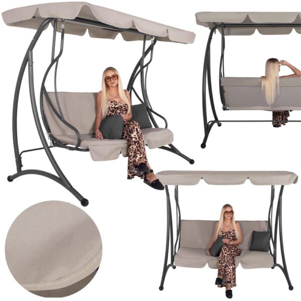 Leagan de gradina 190x115x176 cm, pentru 3 persoane, copertina reglabila, perne incluse, cadru otel si material impermeabil, bej - imagine 4