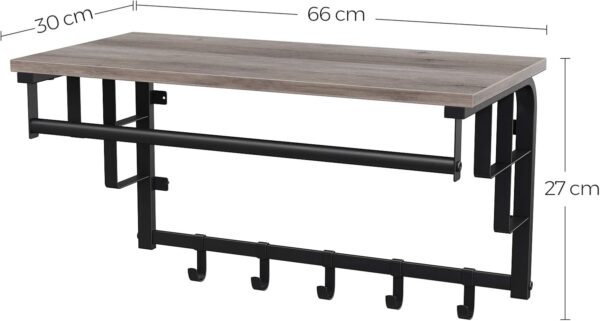 VASAGLE Cuier perete cu polita, bara si 5 carlige, 66x27x30 cm, gri - imagine 3