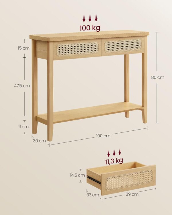 VASAGLE Consola hol 100x30x80 cm, 2 sertare, raft deschis, colturi rotunjite, stil boho, MDF si ratan PVC, bej stejar - imagine 3