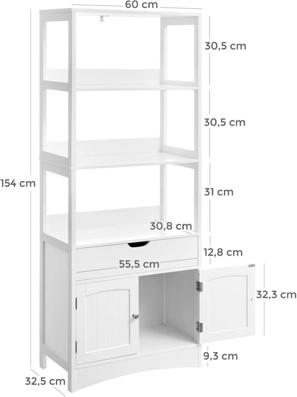 VASAGLE Dulap inalt baie cu 3 rafturi, 1 sertar si 1 dulap, din MDF, 60x33x154 cm, alb - imagine 3