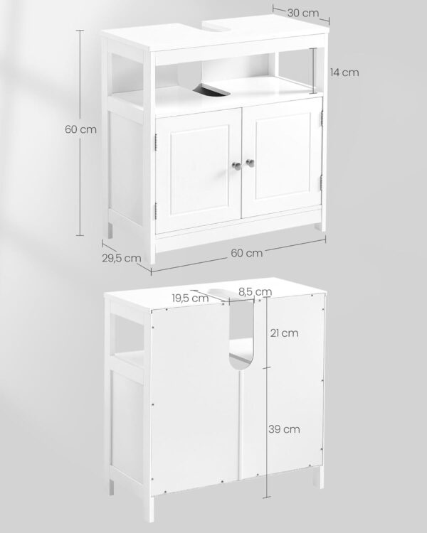 VASAGLE Dulap baie 60x30x60 cm, 2 usi, compartiment deschis, stil scandinav, alb mat - imagine 8