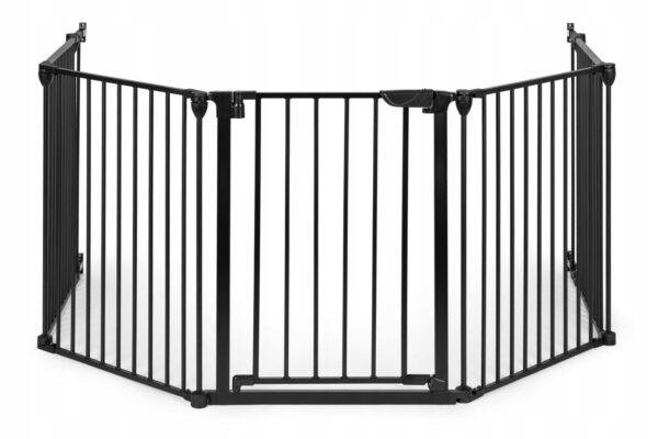 Bariera de siguranta pliabila 300x74 cm, 5 panouri si poarta cu blocare automata, metal si plastic, neagra - imagine 5