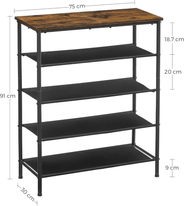 VASAGLE Suport pantofi 75x30x91 cm, 5 niveluri, rafturi textile si blat PAL, cadru metalic, maro rustic si negru - imagine 3
