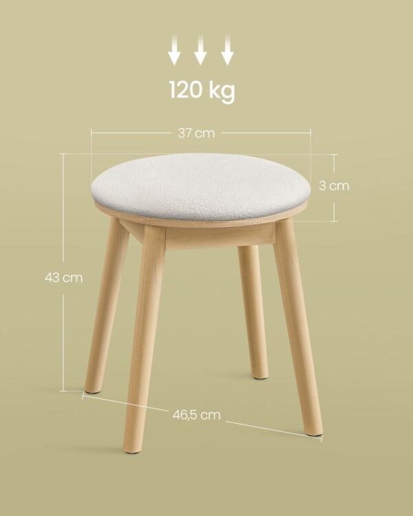 SONGMICS Taburet rotund boho cu picioare din lemn si sezut moale, 37x37x43 cm, alb crem - imagine 4