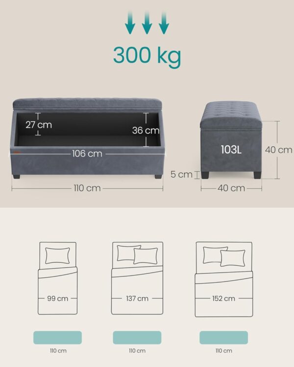 SONGMICS Banca cu spatiu de depozitare 110x40x40 cm, 103 litri, tapitata cu catifea, MDF si spuma, gri - imagine 3
