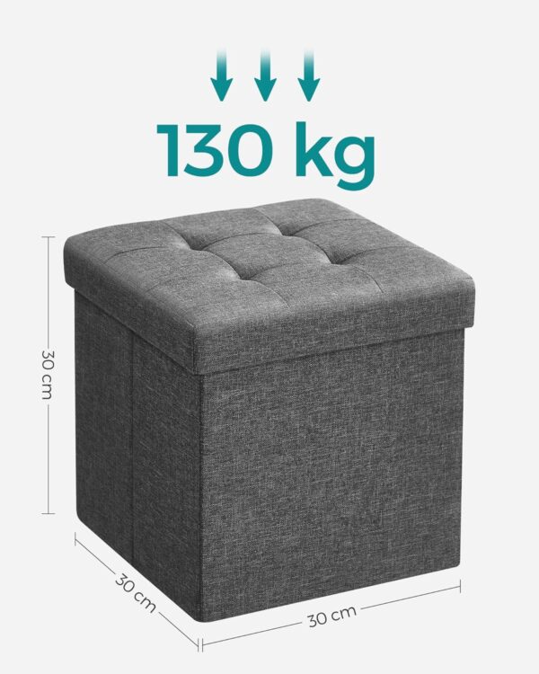 SONGMICS Taburet pliabil 30x30x30 cm, cu spatiu de depozitare, capac tapitat, MDF si imitatie in, gri - imagine 3