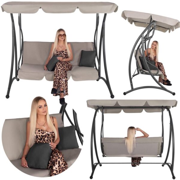 Leagan de gradina 190x115x176 cm, pentru 3 persoane, copertina reglabila, perne incluse, cadru otel si material impermeabil, bej - imagine 5