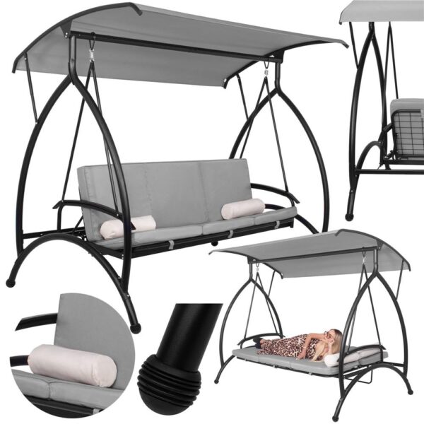Balansoar gradina 230x136x190 cm, 2 in 1 leagan si pat, copertina reglabila, saltea si perne incluse, cadru otel, gri si ecru - imagine 4