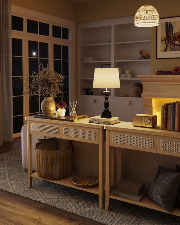 VASAGLE Consola hol 100x30x80 cm, 2 sertare, raft deschis, colturi rotunjite, stil boho, MDF si ratan PVC, bej stejar - imagine 4