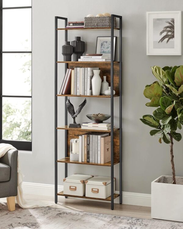 VASAGLE Biblioteca 60x24x186 cm, 6 rafturi, stil industrial, PAL si otel, maro rustic-negru - imagine 4