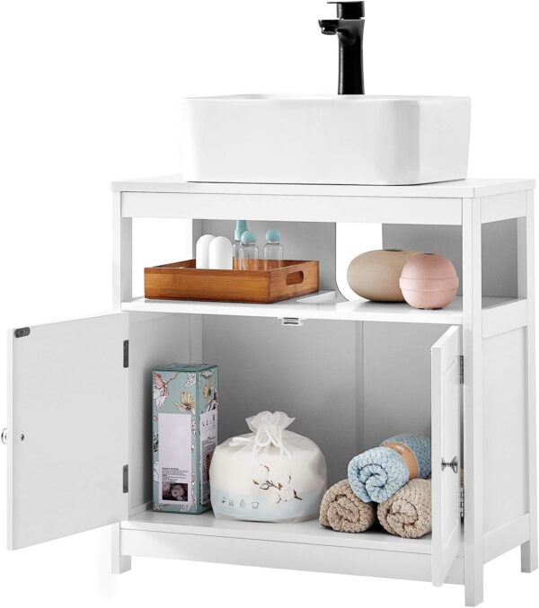 VASAGLE Dulap baie 60x30x60 cm, 2 usi, compartiment deschis, stil scandinav, alb mat - imagine 2