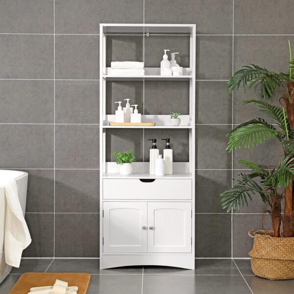 VASAGLE Dulap inalt baie cu 3 rafturi, 1 sertar si 1 dulap, din MDF, 60x33x154 cm, alb - imagine 4