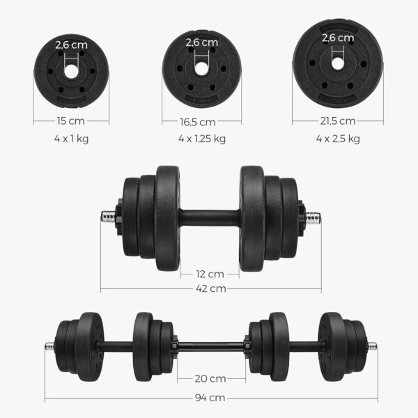SONGMICS set gantere reglabile 2 in 1, 20 kg, cu bara extensie pentru haltera, discuri cu umplutura beton, negru - imagine 4