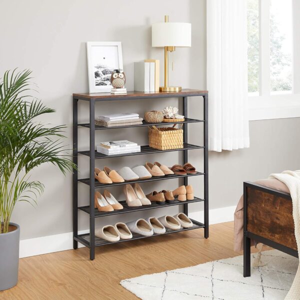 VASAGLE Etajera pantofi cu 5 rafturi si polita superioara, 100x30x110 cm, maro rustic - imagine 4